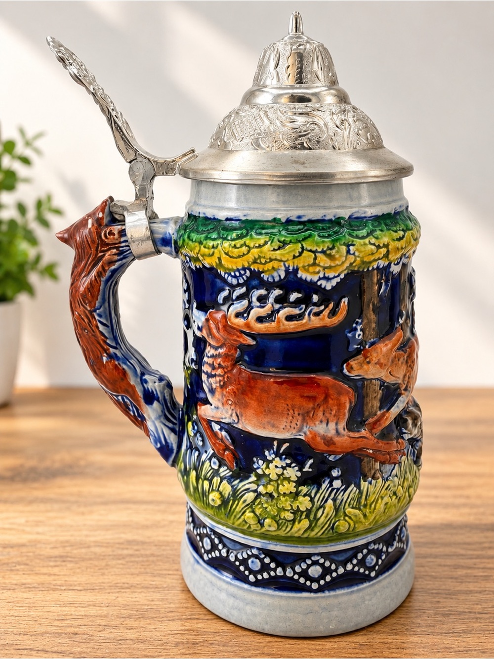 Vintage Original King Western Germany Lidded Beer Stein Fox Handle Deer